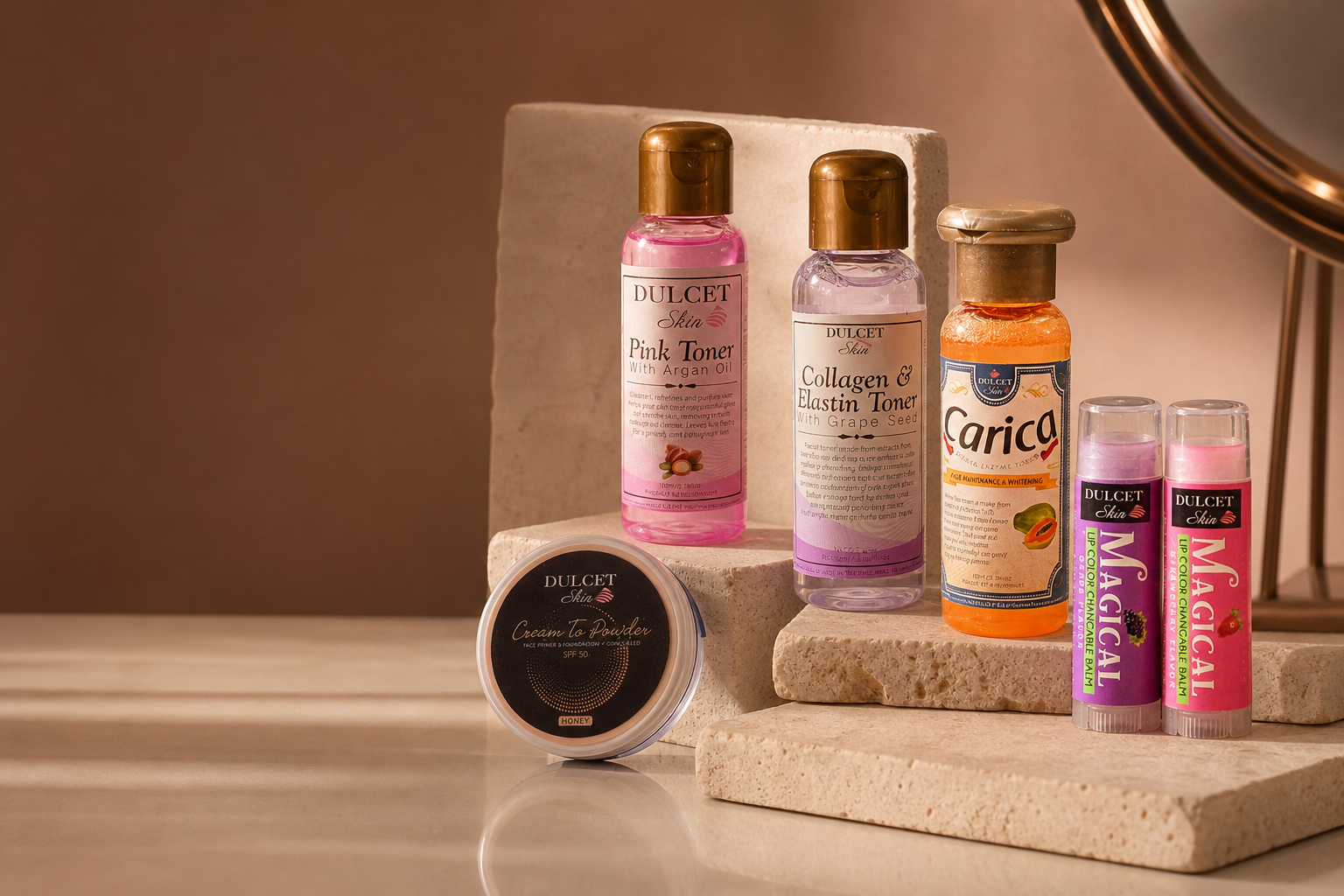 Dulcet Skin beauty essentials including toners, powder, and lip balms